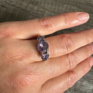 Lavender Purple Statement Ring – Triple Amethyst CZ in Silver-Tone - Size 6